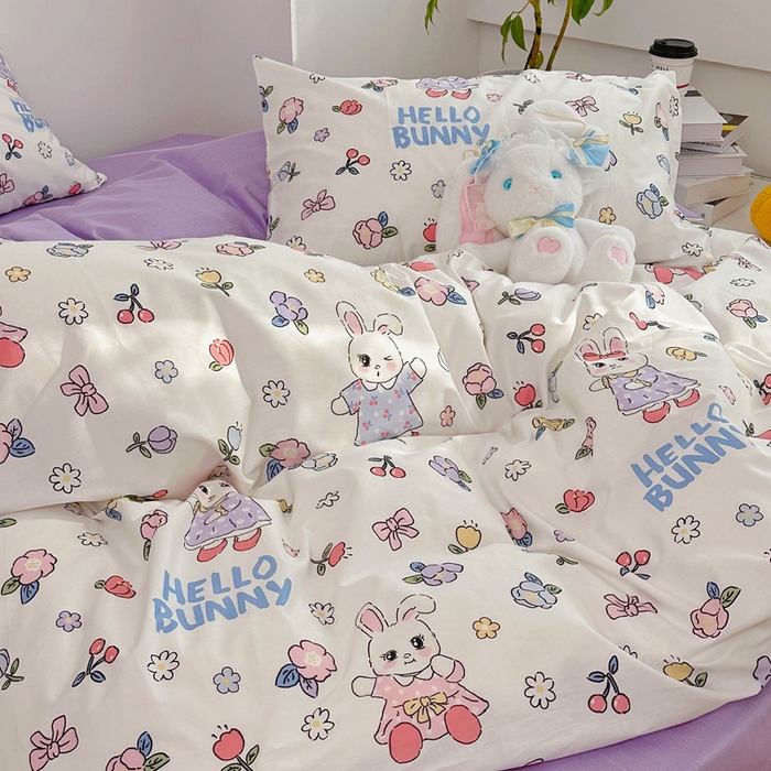 91家纺网 家纺一手货源 找家纺 梵克保罗 2025春夏新款全棉小清新卡通碎花学生季三件套四件套 乐悠兔