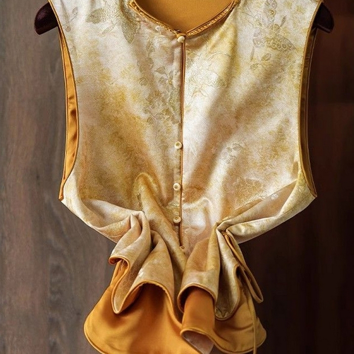 91家纺网 家纺一手货源 找家纺 洛兰沙家居馆【只代发】【只代发】 2025新款复古织锦缎细纱棉麻拼接马甲背心刺绣中式盘扣上衣 33
