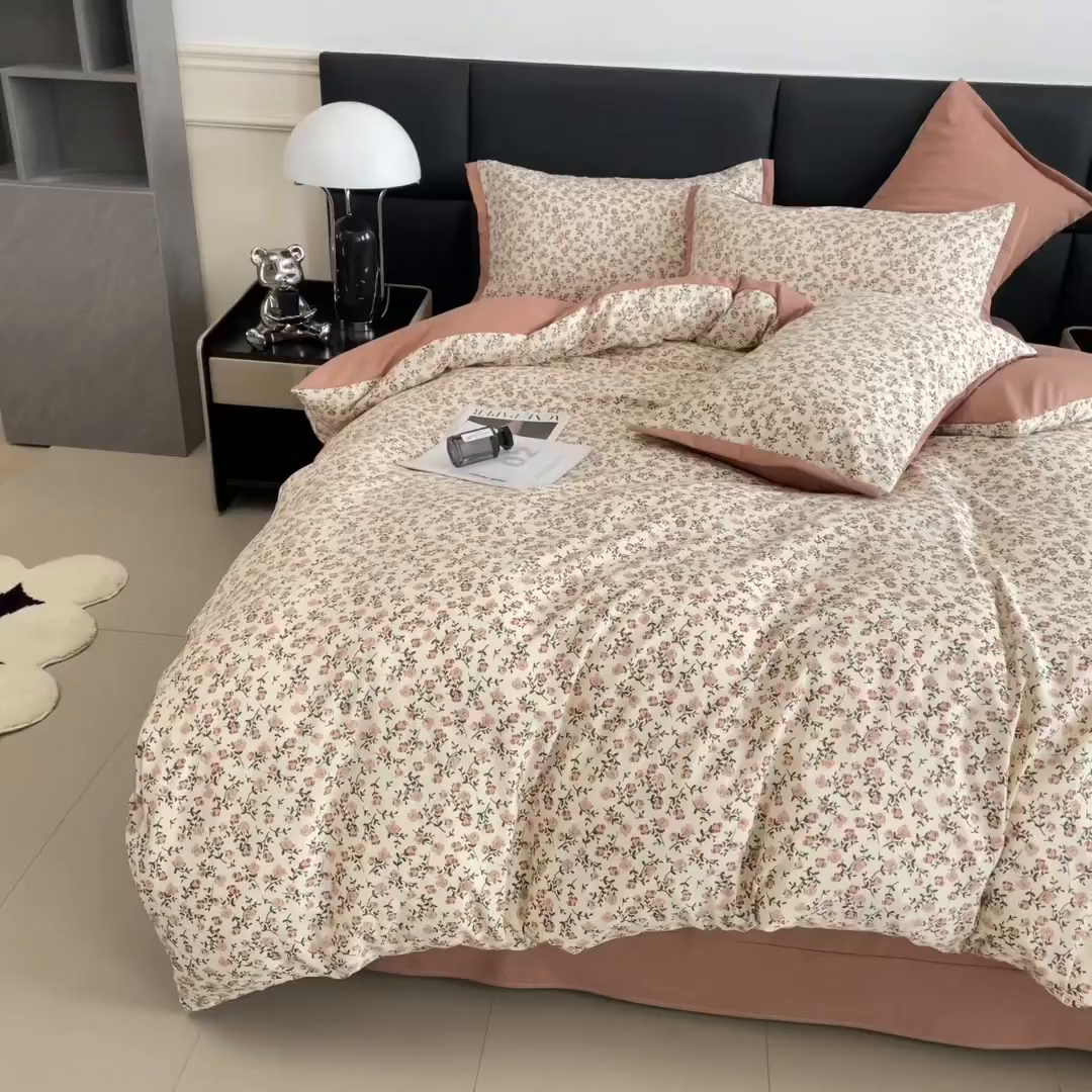 91家纺网 家纺一手货源 找家纺 梵克保罗 2025春夏新款水洗棉麻学生小号三件套 叶叶情怀