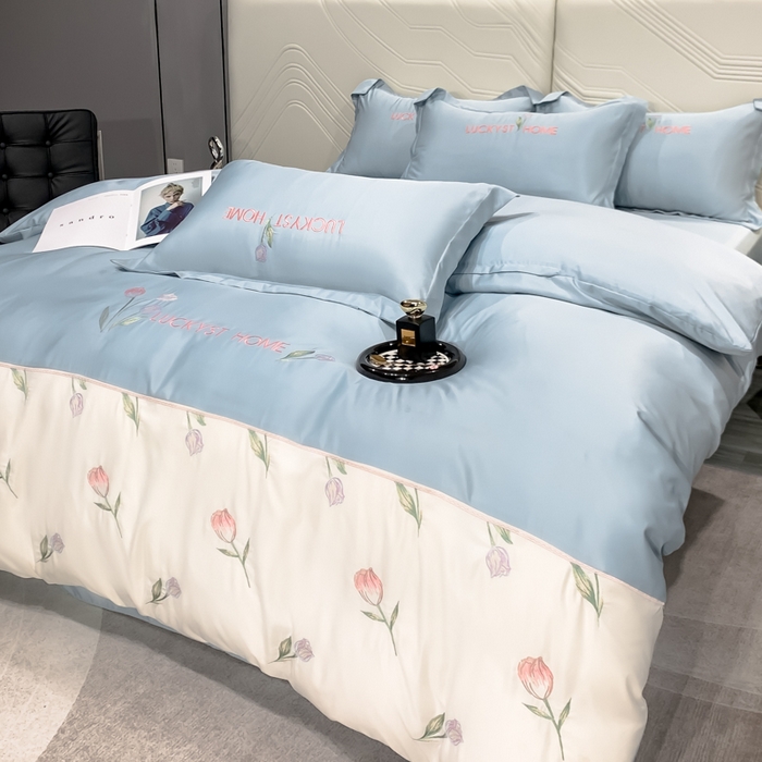 梵克保罗 2025新品天丝双拼刺绣四件套-卡骆驰 天空蓝