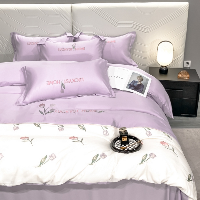 91家纺网 家纺一手货源 找家纺 梵克保罗 2025新品天丝双拼刺绣四件套-卡骆驰 梦幻紫