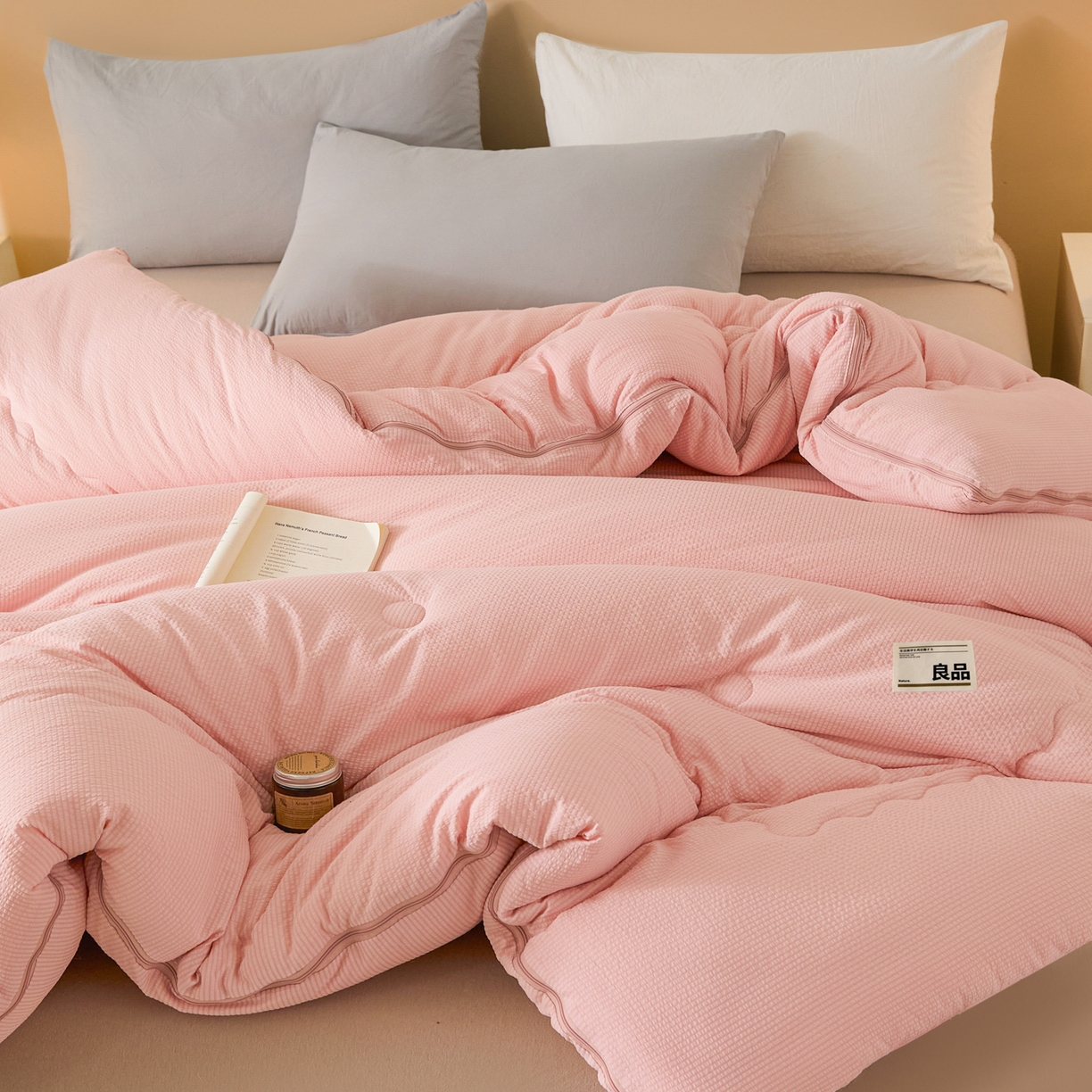 91家纺网 家纺一手货源 找家纺 酱子 2025新款涤纶双层纱大豆子母被 被子被芯 白桃粉