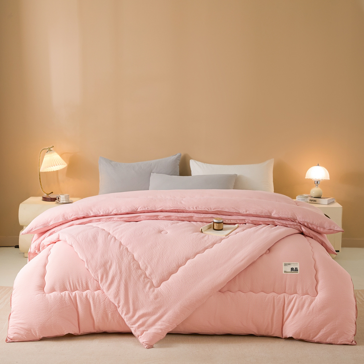 91家纺网 家纺一手货源 找家纺 酱子 2025新款涤纶双层纱大豆子母被 被子被芯 白桃粉