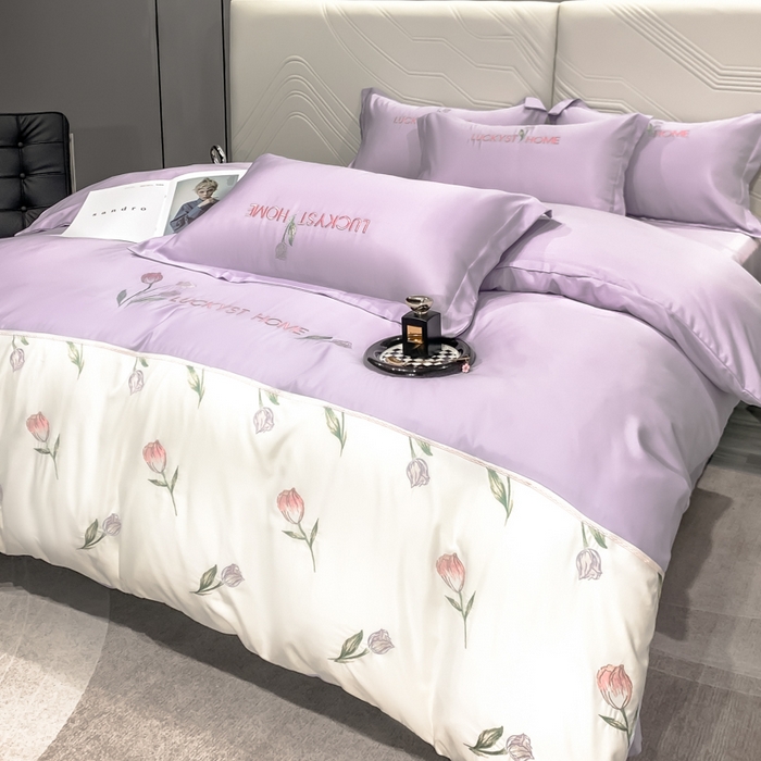 91家纺网 家纺一手货源 找家纺 梵克保罗 2025新品天丝双拼刺绣四件套-卡骆驰 梦幻紫