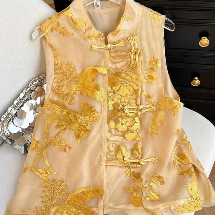 91家纺网 家纺一手货源 找家纺 洛兰沙家居馆【只代发】【只代发】 2025新款复古织锦缎细纱棉麻拼接马甲背心刺绣中式盘扣上衣 34