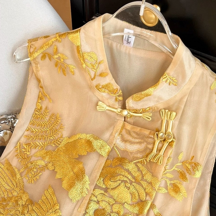 91家纺网 家纺一手货源 找家纺 洛兰沙家居馆【只代发】【只代发】 2025新款复古织锦缎细纱棉麻拼接马甲背心刺绣中式盘扣上衣 34