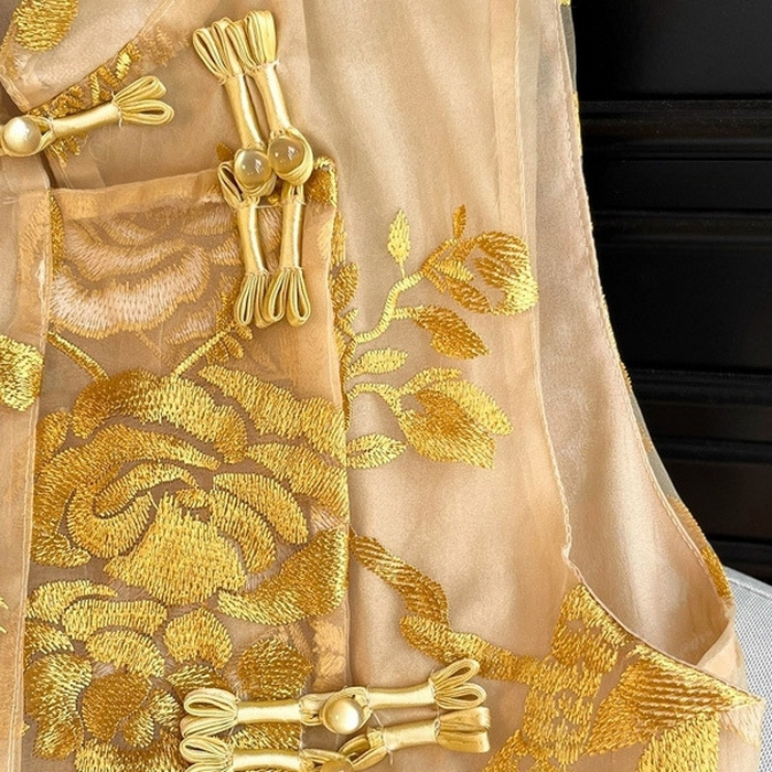 91家纺网 家纺一手货源 找家纺 洛兰沙家居馆【只代发】【只代发】 2025新款复古织锦缎细纱棉麻拼接马甲背心刺绣中式盘扣上衣 34