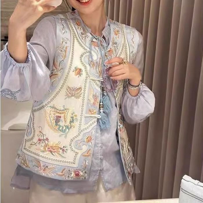 91家纺网 家纺一手货源 找家纺 洛兰沙家居馆【只代发】【只代发】 2025新款复古织锦缎细纱棉麻拼接马甲背心刺绣中式盘扣上衣 35