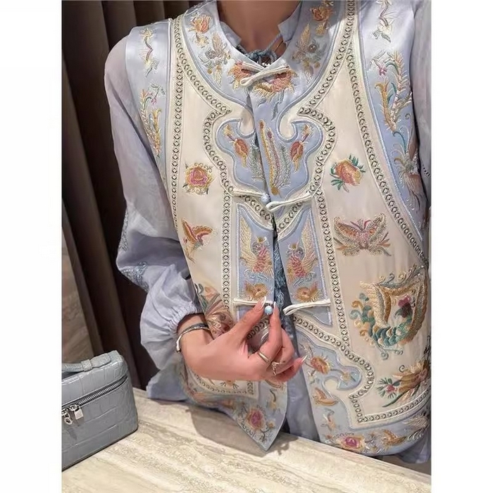 91家纺网 家纺一手货源 找家纺 洛兰沙家居馆【只代发】【只代发】 2025新款复古织锦缎细纱棉麻拼接马甲背心刺绣中式盘扣上衣 35