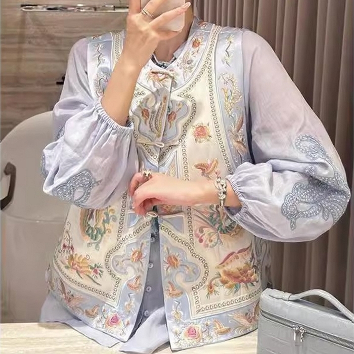 91家纺网 家纺一手货源 找家纺 洛兰沙家居馆【只代发】【只代发】 2025新款复古织锦缎细纱棉麻拼接马甲背心刺绣中式盘扣上衣 35