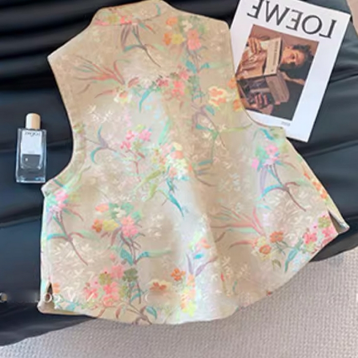 91家纺网 家纺一手货源 找家纺 洛兰沙家居馆【只代发】【只代发】 2025新款复古织锦缎细纱棉麻拼接马甲背心刺绣中式盘扣上衣 36