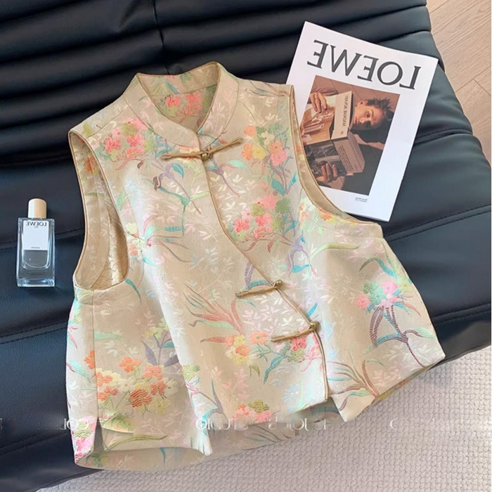 91家纺网 家纺一手货源 找家纺 洛兰沙家居馆【只代发】【只代发】 2025新款复古织锦缎细纱棉麻拼接马甲背心刺绣中式盘扣上衣 36