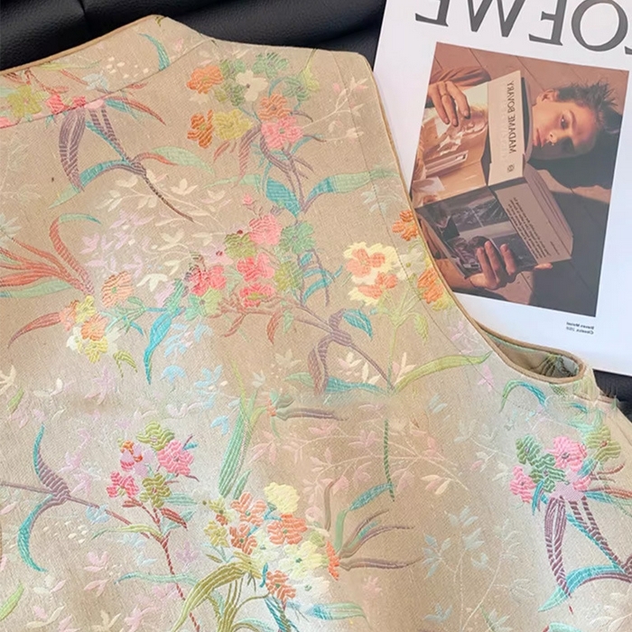 91家纺网 家纺一手货源 找家纺 洛兰沙家居馆【只代发】【只代发】 2025新款复古织锦缎细纱棉麻拼接马甲背心刺绣中式盘扣上衣 36