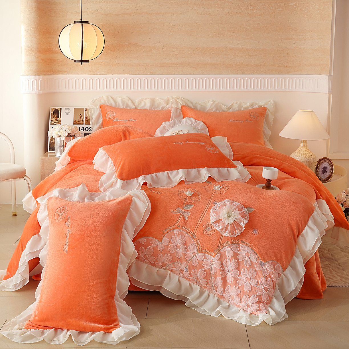 孟鑫家纺 2025新款230g高克重韩版立体盘花牛奶法式雪纺花边绣花四件套床单床盖款被套-花期如梦系列 花期如梦-橙色