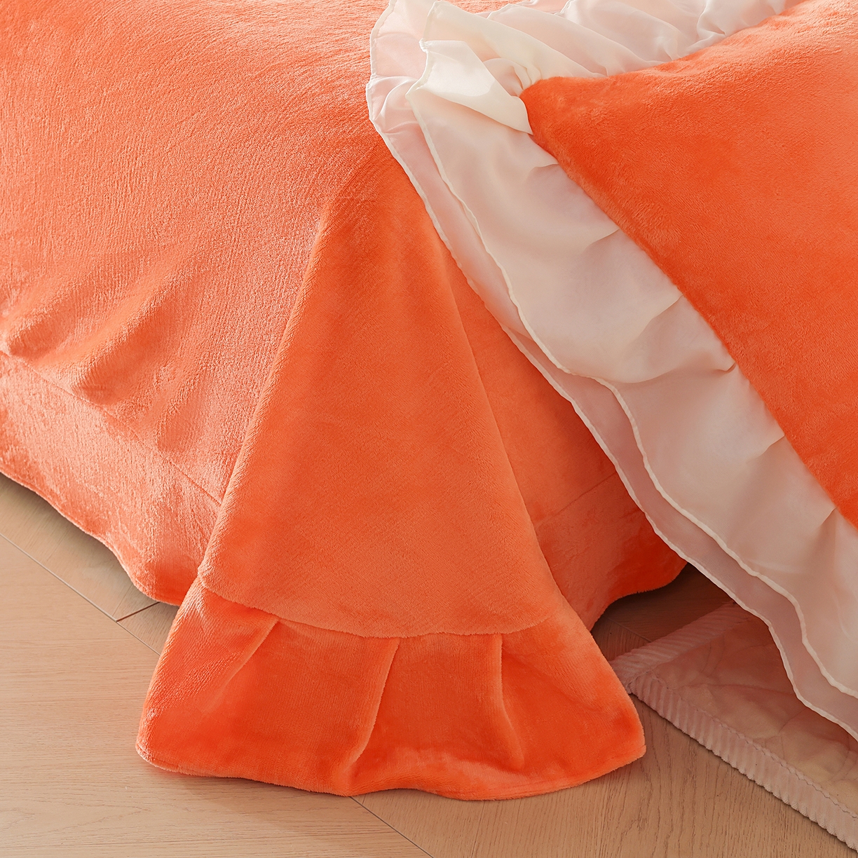 91家纺网 家纺一手货源 找家纺 孟鑫家纺 2025新款230g高克重韩版立体盘花牛奶法式雪纺花边绣花四件套床单床盖款被套-花期如梦系列 花期如梦-橙色