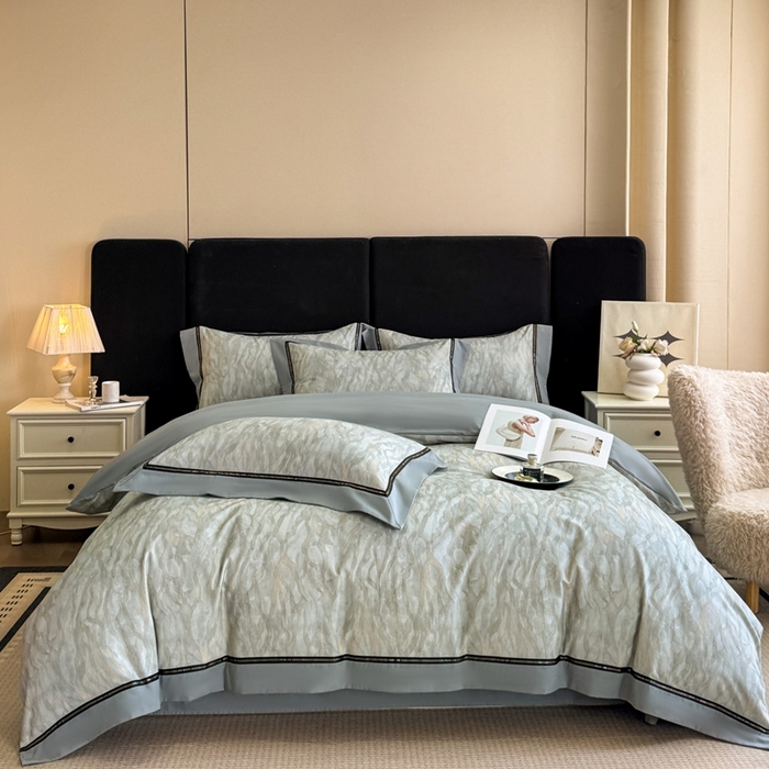 91家纺网 家纺一手货源 找家纺 博纳家纺 2025新款亲肤舒适全棉纯棉磨毛撞色四件套-千山暮雪【控价劵后258（严格按控价来）】 茉莉珊瑚