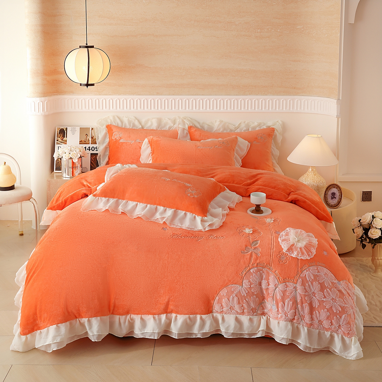 91家纺网 家纺一手货源 找家纺 孟鑫家纺 2025新款230g高克重韩版立体盘花牛奶法式雪纺花边绣花四件套床单床盖款被套-花期如梦系列 花期如梦-橙色