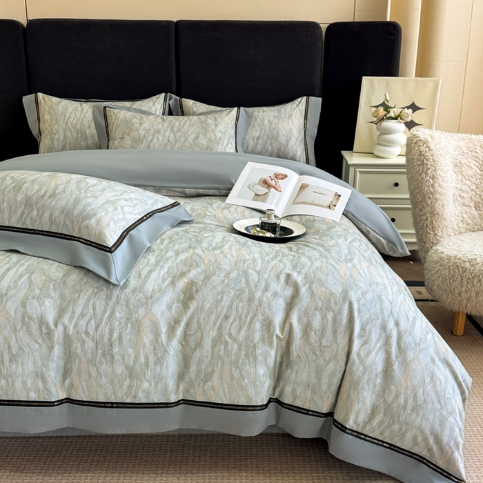 91家纺网 家纺一手货源 找家纺 博纳家纺 2025新款亲肤舒适全棉纯棉磨毛撞色四件套-千山暮雪【控价劵后258（严格按控价来）】 茉莉珊瑚