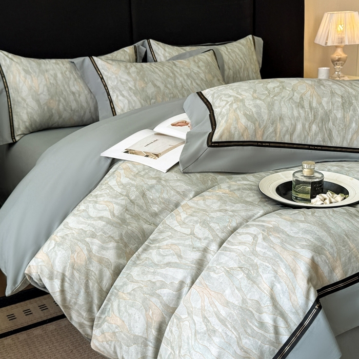 91家纺网 家纺一手货源 找家纺 博纳家纺 2025新款亲肤舒适全棉纯棉磨毛撞色四件套-千山暮雪【控价劵后258（严格按控价来）】 茉莉珊瑚