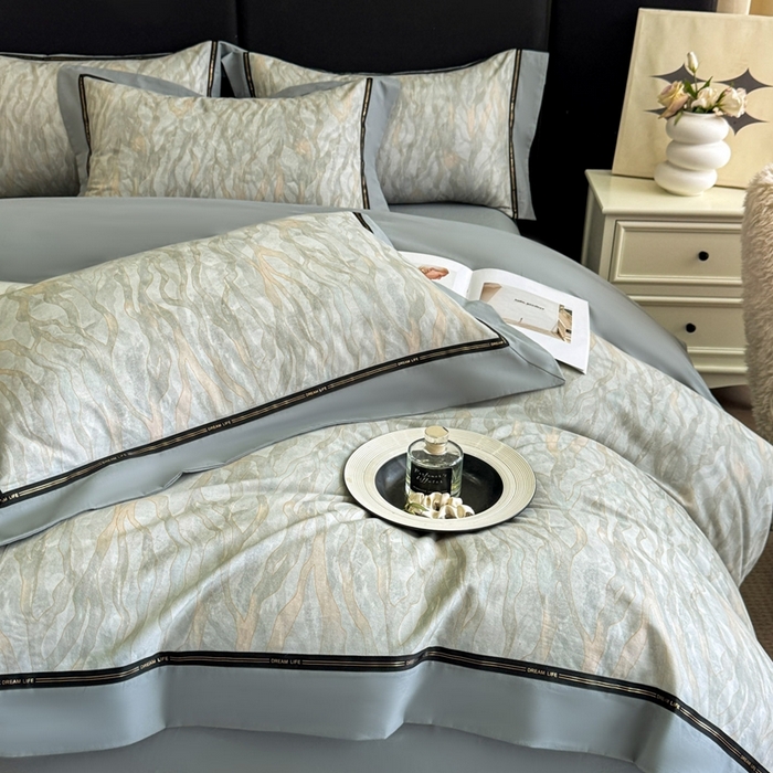 91家纺网 家纺一手货源 找家纺 博纳家纺 2025新款亲肤舒适全棉纯棉磨毛撞色四件套-千山暮雪【控价劵后258（严格按控价来）】 茉莉珊瑚