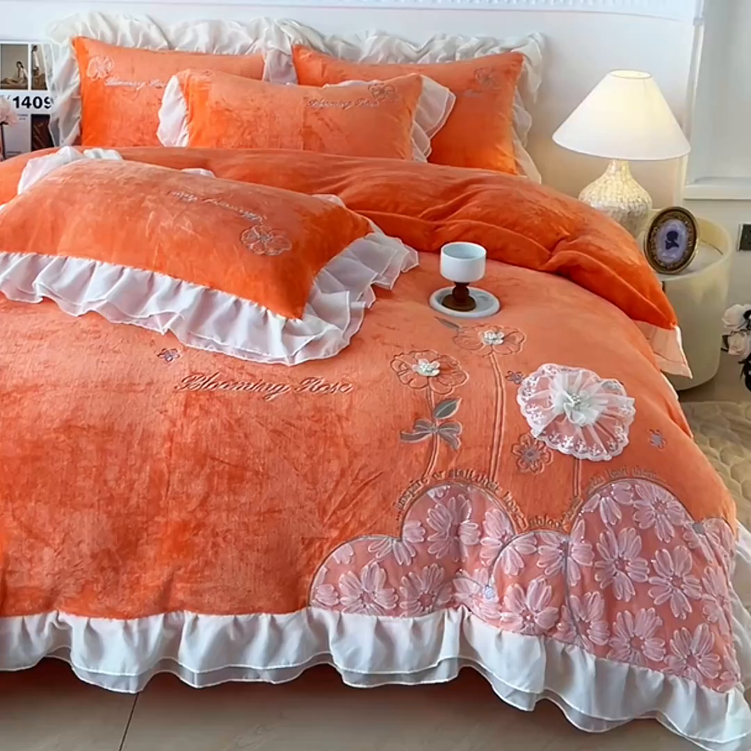 91家纺网 家纺一手货源 找家纺 孟鑫家纺 2025新款230g高克重韩版立体盘花牛奶法式雪纺花边绣花四件套床单床盖款被套-花期如梦系列 花期如梦-橙色