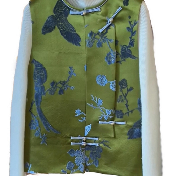 91家纺网 家纺一手货源 找家纺 洛兰沙家居馆【只代发】【只代发】 2025新款复古织锦缎细纱棉麻拼接马甲背心刺绣中式盘扣上衣 37