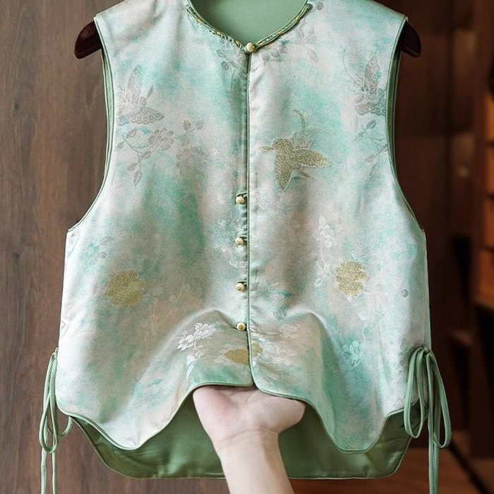 洛兰沙家居馆【只代发】【只代发】 2025新款复古织锦缎细纱棉麻拼接马甲背心刺绣中式盘扣上衣 38