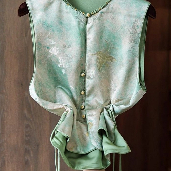 91家纺网 家纺一手货源 找家纺 洛兰沙家居馆【只代发】【只代发】 2025新款复古织锦缎细纱棉麻拼接马甲背心刺绣中式盘扣上衣 38