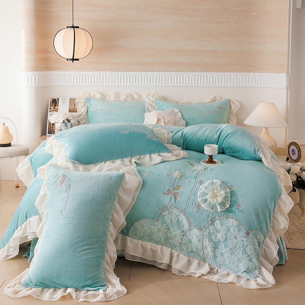孟鑫家纺 2025新款230g高克重韩版立体盘花牛奶法式雪纺花边绣花四件套床单床盖款被套-花期如梦系列 花期如梦-湖绿