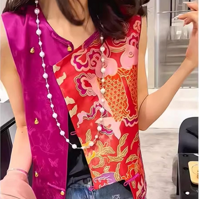 洛兰沙家居馆【只代发】【只代发】 2025新款复古织锦缎细纱棉麻拼接马甲背心刺绣中式盘扣上衣 39