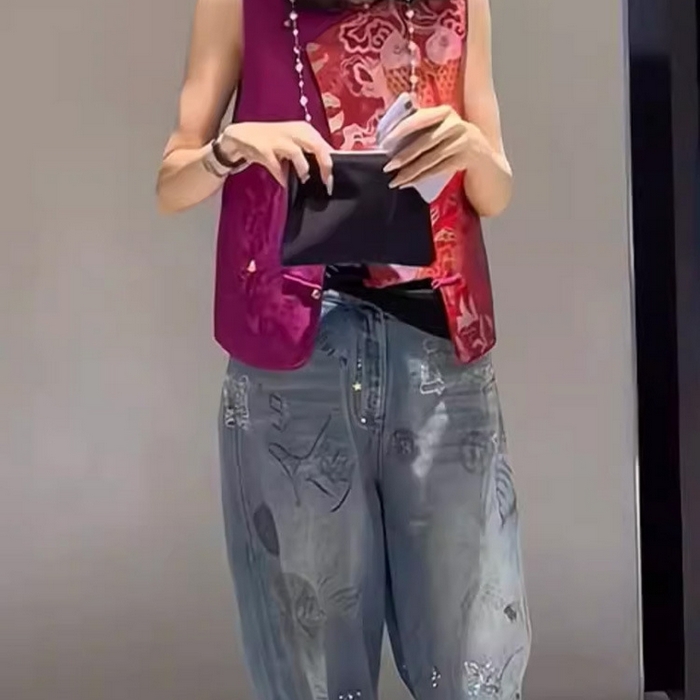 91家纺网 家纺一手货源 找家纺 洛兰沙家居馆【只代发】【只代发】 2025新款复古织锦缎细纱棉麻拼接马甲背心刺绣中式盘扣上衣 39