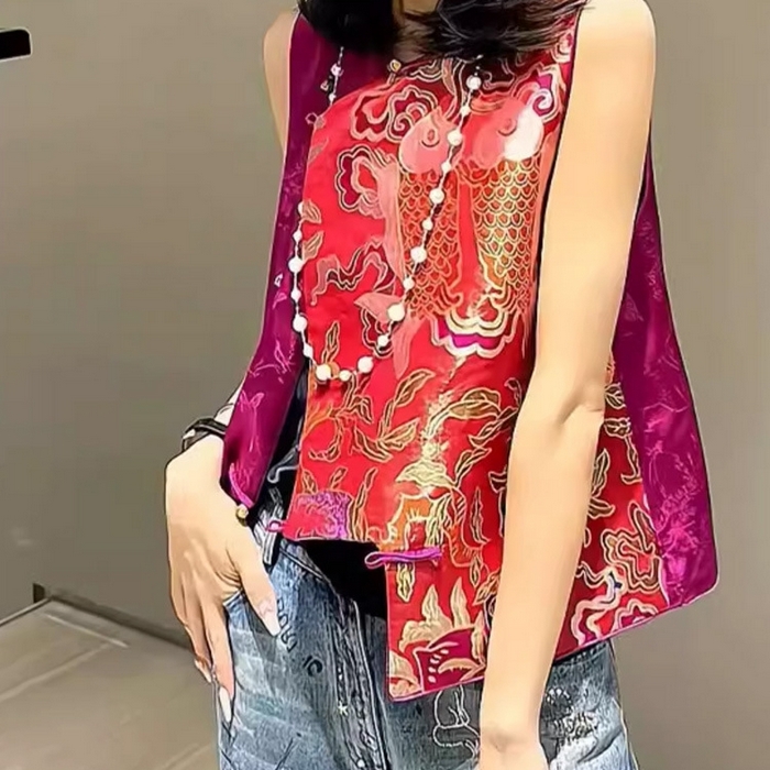 91家纺网 家纺一手货源 找家纺 洛兰沙家居馆【只代发】【只代发】 2025新款复古织锦缎细纱棉麻拼接马甲背心刺绣中式盘扣上衣 39