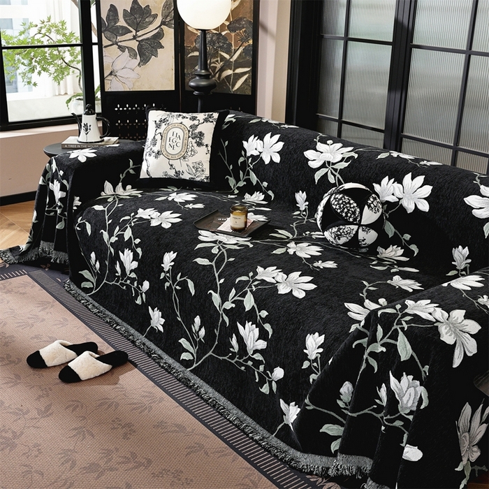 91家纺网 家纺一手货源 找家纺 共鸣沙发垫 2025新款亲肤舒适雪尼尔玉兰黑色沙发巾 玉兰黑色 180x420cm沙发巾