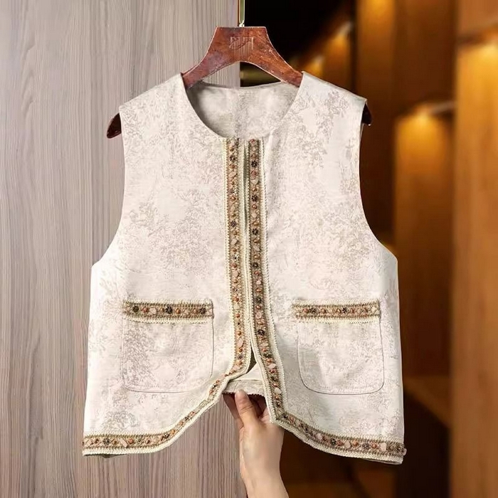 91家纺网 家纺一手货源 找家纺 洛兰沙家居馆【只代发】【只代发】 2025新款复古织锦缎细纱棉麻拼接马甲背心刺绣中式盘扣上衣 40