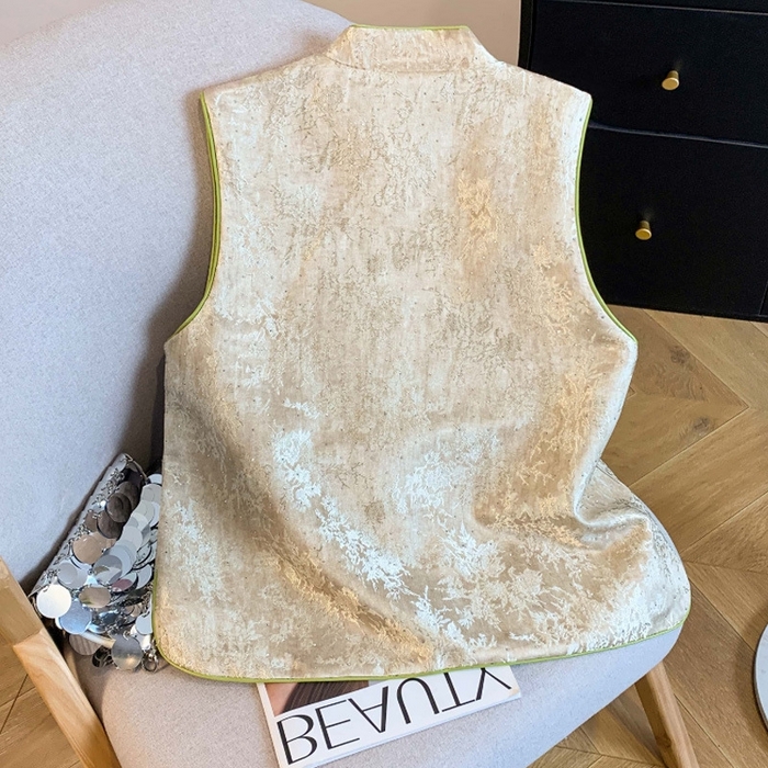 91家纺网 家纺一手货源 找家纺 洛兰沙家居馆【只代发】【只代发】 2025新款复古织锦缎细纱棉麻拼接马甲背心刺绣中式盘扣上衣 40