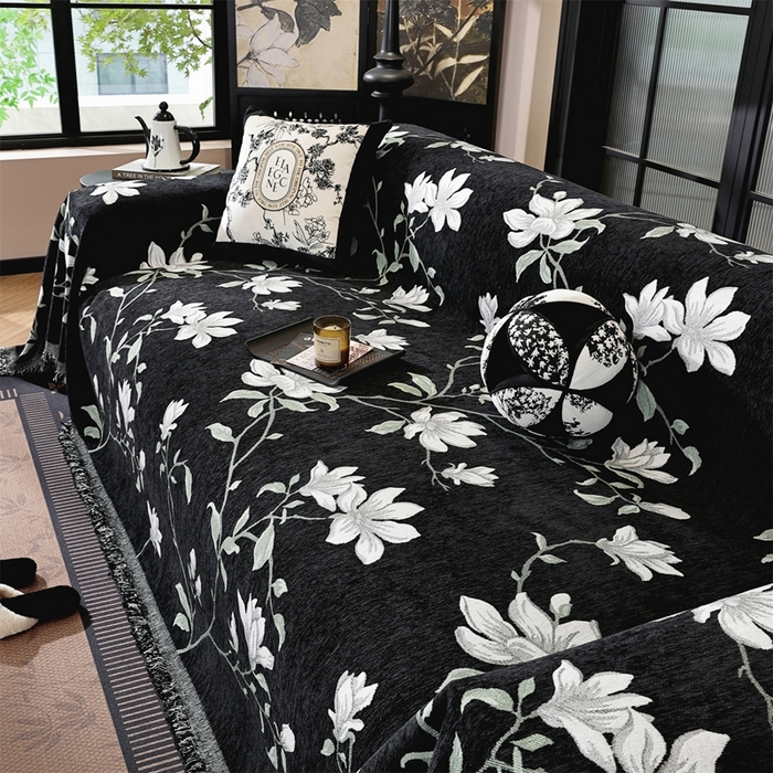 91家纺网 家纺一手货源 找家纺 共鸣沙发垫 2025新款亲肤舒适雪尼尔玉兰黑色沙发巾 玉兰黑色 180x480cm沙发巾