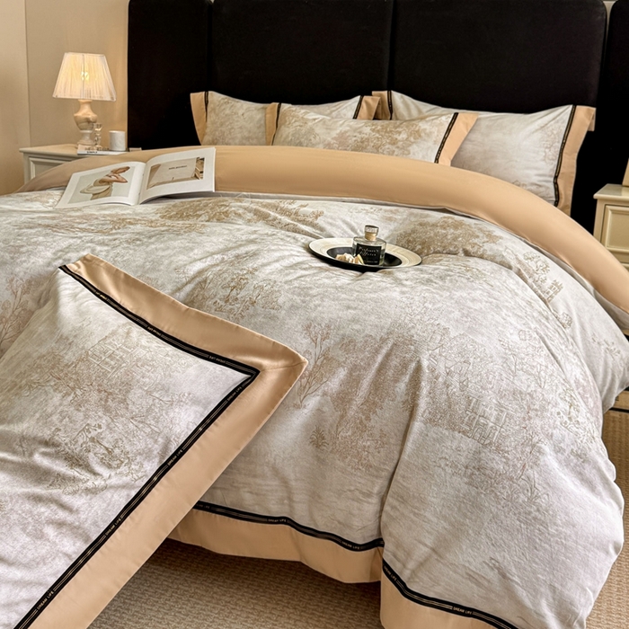 91家纺网 家纺一手货源 找家纺 博纳家纺 2025新款亲肤舒适全棉纯棉磨毛撞色四件套-千山暮雪【控价劵后258（严格按控价来）】 水木明瑟