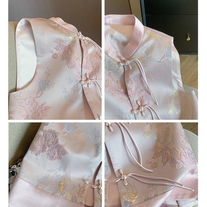 91家纺网 家纺一手货源 找家纺 洛兰沙家居馆【只代发】【只代发】 2025新款复古织锦缎细纱棉麻拼接马甲背心刺绣中式盘扣上衣 42