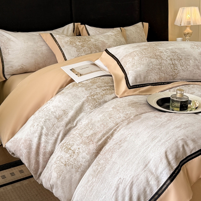 91家纺网 家纺一手货源 找家纺 博纳家纺 2025新款亲肤舒适全棉纯棉磨毛撞色四件套-千山暮雪【控价劵后258（严格按控价来）】 水木明瑟