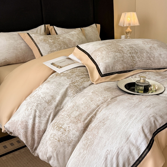 91家纺网 家纺一手货源 找家纺 博纳家纺 2025新款亲肤舒适全棉纯棉磨毛撞色四件套-千山暮雪【控价劵后258（严格按控价来）】 水木明瑟