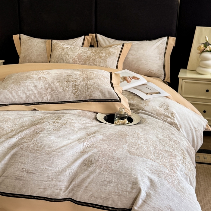 91家纺网 家纺一手货源 找家纺 博纳家纺 2025新款亲肤舒适全棉纯棉磨毛撞色四件套-千山暮雪【控价劵后258（严格按控价来）】 水木明瑟