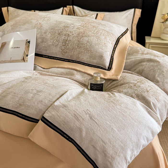 91家纺网 家纺一手货源 找家纺 博纳家纺 2025新款亲肤舒适全棉纯棉磨毛撞色四件套-千山暮雪【控价劵后258（严格按控价来）】 水木明瑟