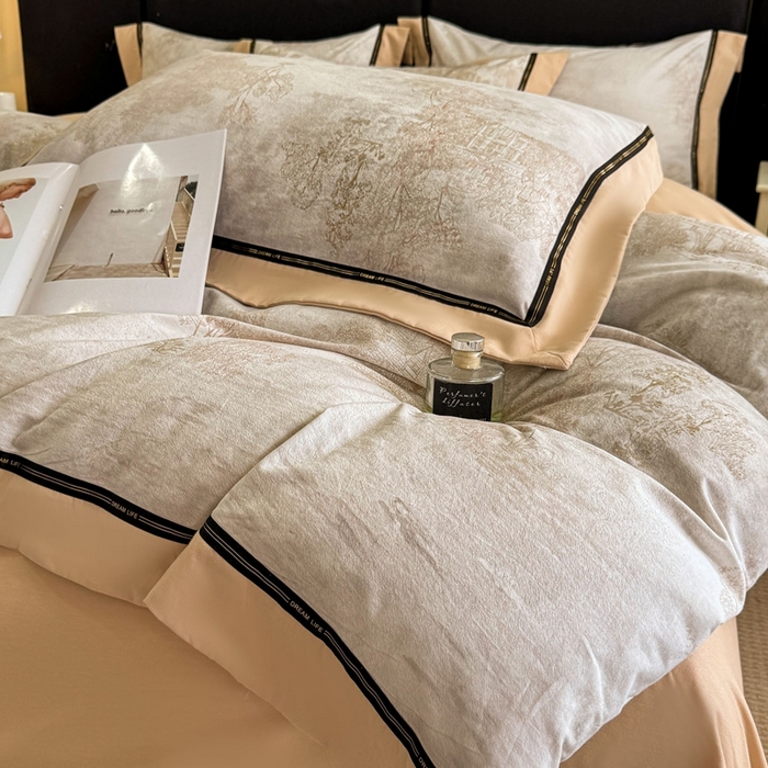 91家纺网 家纺一手货源 找家纺 博纳家纺 2025新款亲肤舒适全棉纯棉磨毛撞色四件套-千山暮雪【控价劵后258（严格按控价来）】 水木明瑟