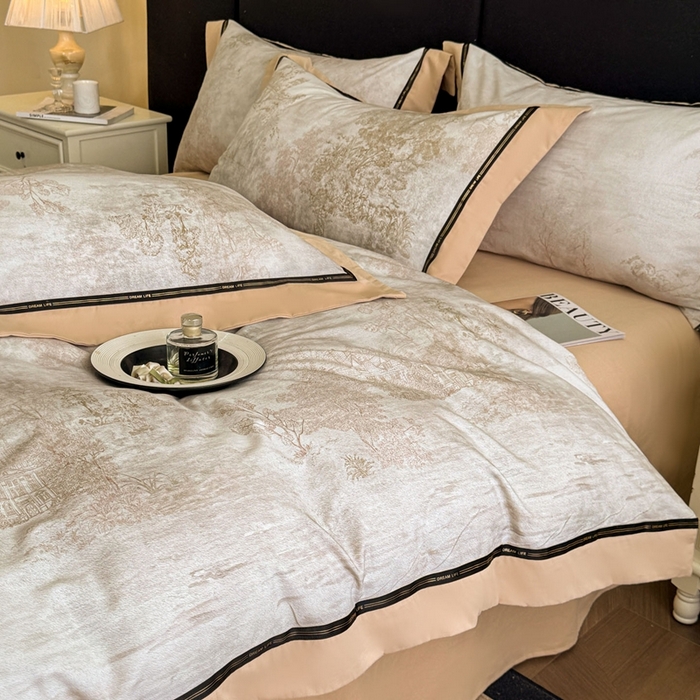 91家纺网 家纺一手货源 找家纺 博纳家纺 2025新款亲肤舒适全棉纯棉磨毛撞色四件套-千山暮雪【控价劵后258（严格按控价来）】 水木明瑟