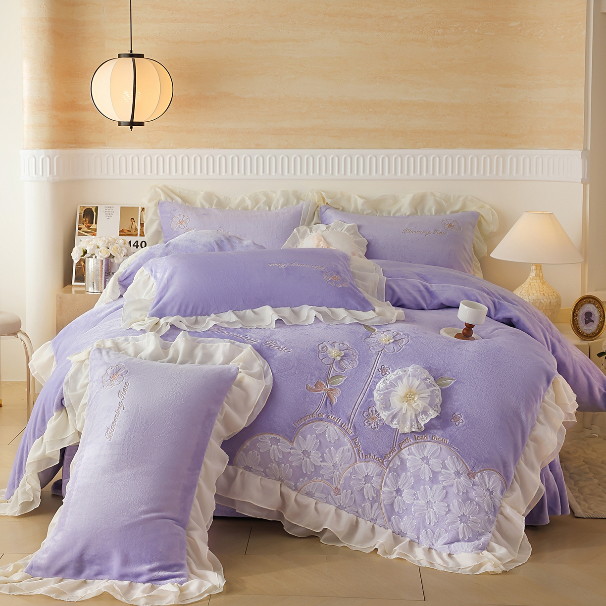 孟鑫家纺 2025新款230g高克重韩版立体盘花牛奶法式雪纺花边绣花四件套床单床盖款被套-花期如梦系列 花期如梦-香芋紫