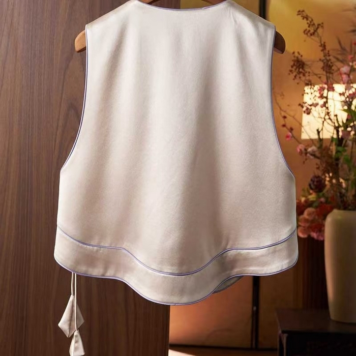 91家纺网 家纺一手货源 找家纺 洛兰沙家居馆【只代发】【只代发】 2025新款复古织锦缎细纱棉麻拼接马甲背心刺绣中式盘扣上衣 45