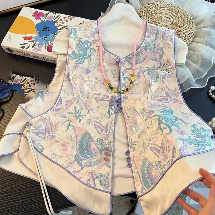 91家纺网 家纺一手货源 找家纺 洛兰沙家居馆【只代发】【只代发】 2025新款复古织锦缎细纱棉麻拼接马甲背心刺绣中式盘扣上衣 45