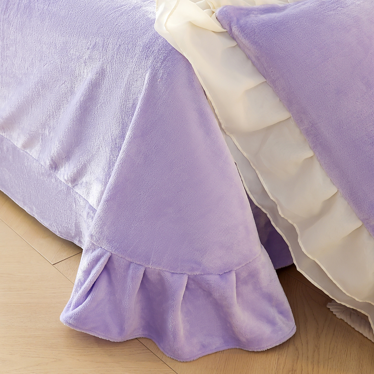 91家纺网 家纺一手货源 找家纺 孟鑫家纺 2025新款230g高克重韩版立体盘花牛奶法式雪纺花边绣花四件套床单床盖款被套-花期如梦系列 花期如梦-香芋紫