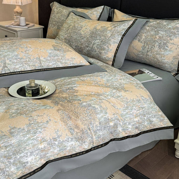 91家纺网 家纺一手货源 找家纺 博纳家纺 2025新款亲肤舒适全棉纯棉磨毛撞色四件套-千山暮雪【控价劵后258（严格按控价来）】 童话森林