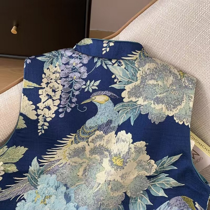 91家纺网 家纺一手货源 找家纺 洛兰沙家居馆【只代发】【只代发】 2025新款复古织锦缎细纱棉麻拼接马甲背心刺绣中式盘扣上衣 47